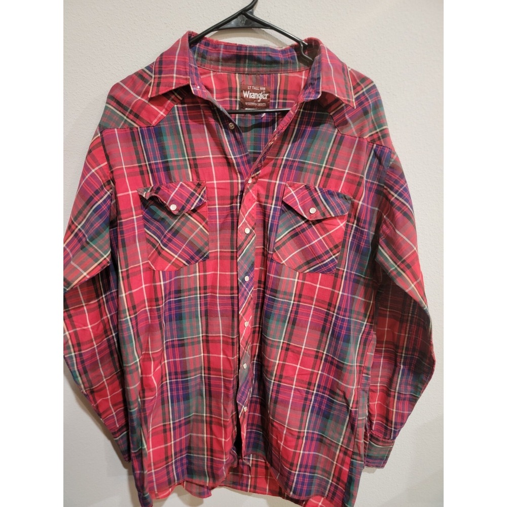 Vintage 80s Wrangler Western Pearl Snap Shirt Mens L Tall Red Plaid Made in USA